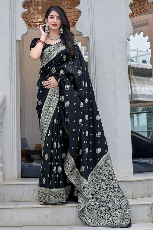 Fashionable Black Color Silver Jari Saree