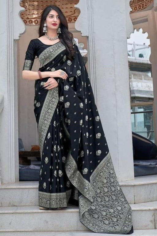 Fashionable Black Color Silver Jari Saree