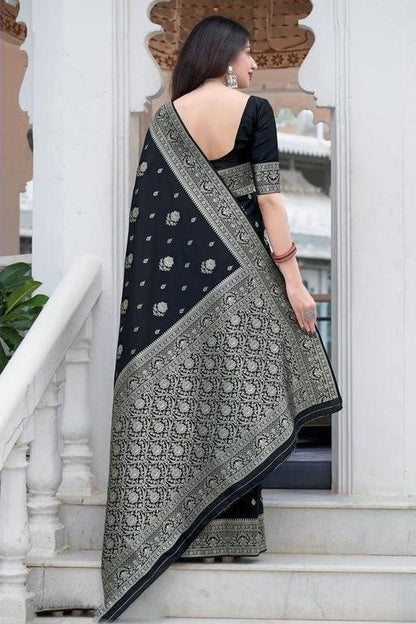 Fashionable Black Color Silver Jari Saree