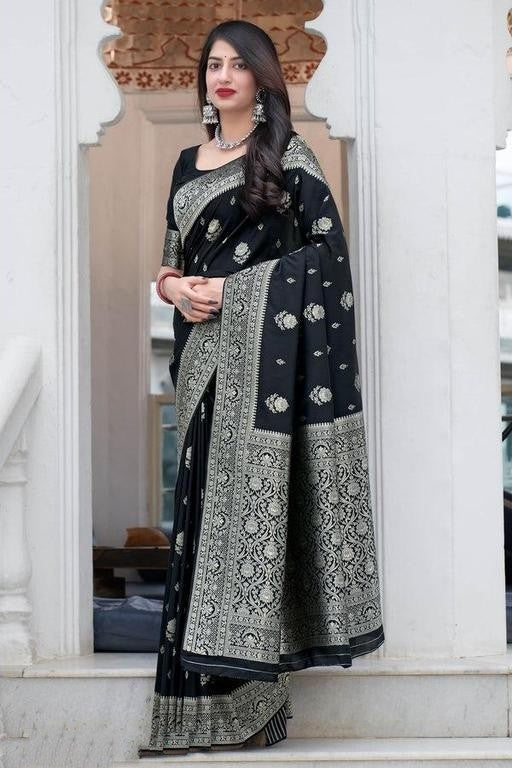 Fashionable Black Color Silver Jari Saree