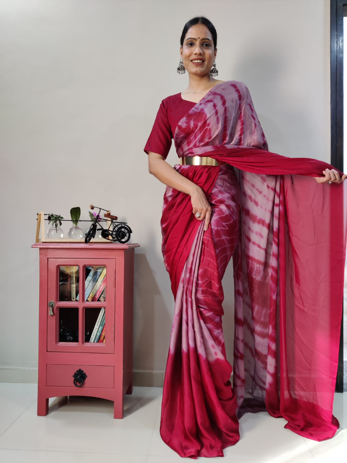 Trendy Pink Color Ready To Wear Printed Saree