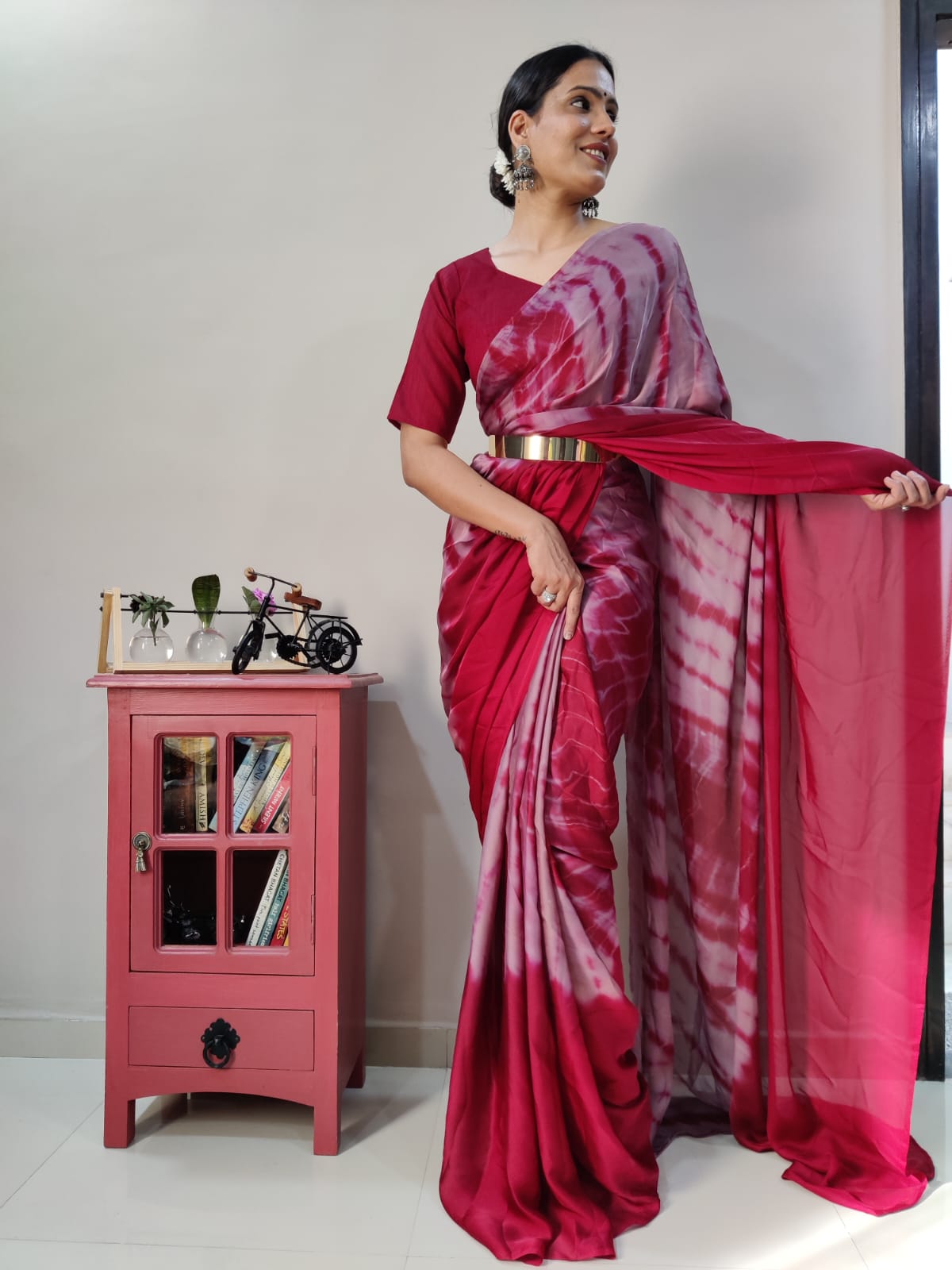 Trendy Pink Color Ready To Wear Printed Saree