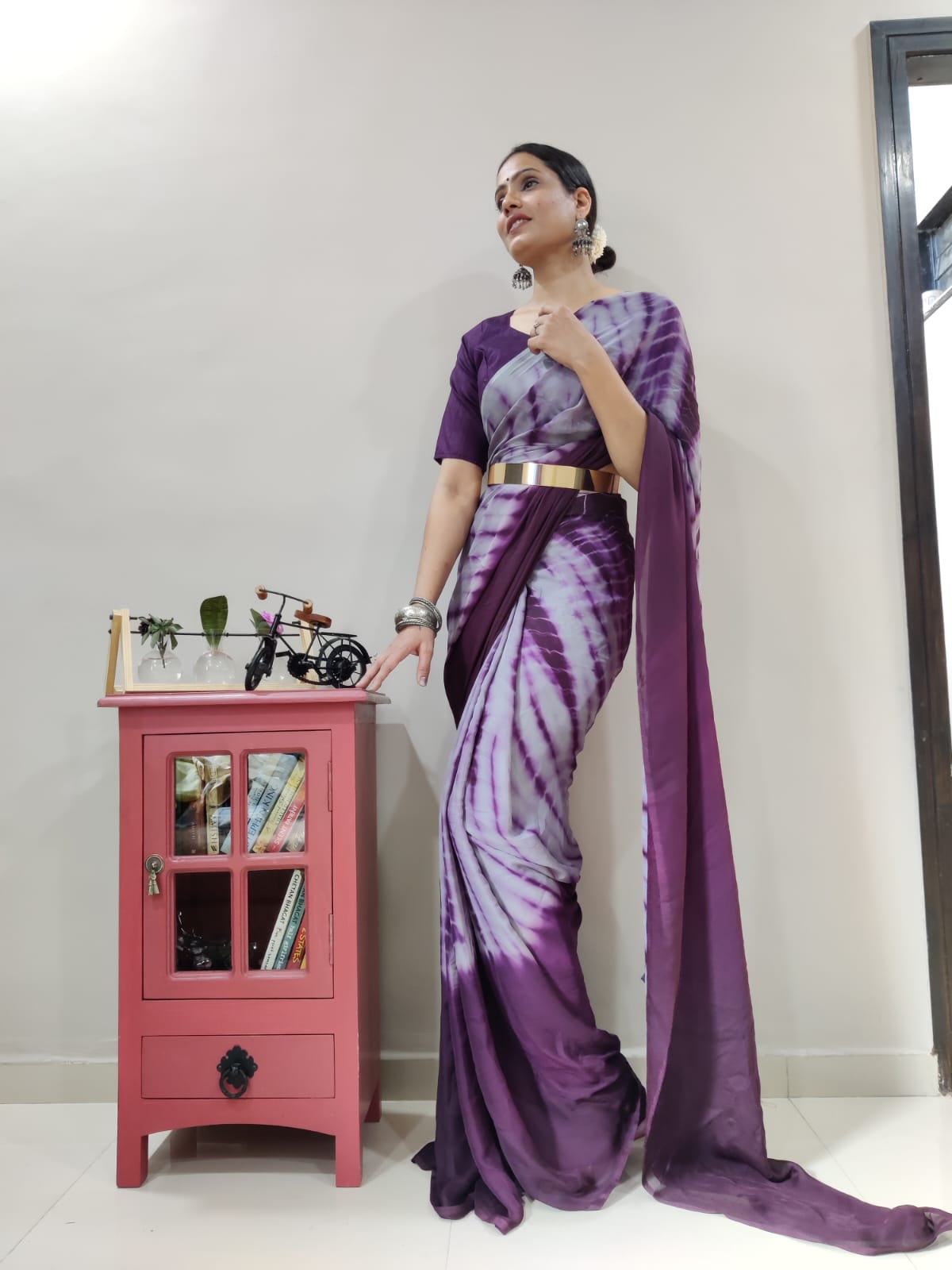 Trendy Purple Color Ready To Wear Printed Saree