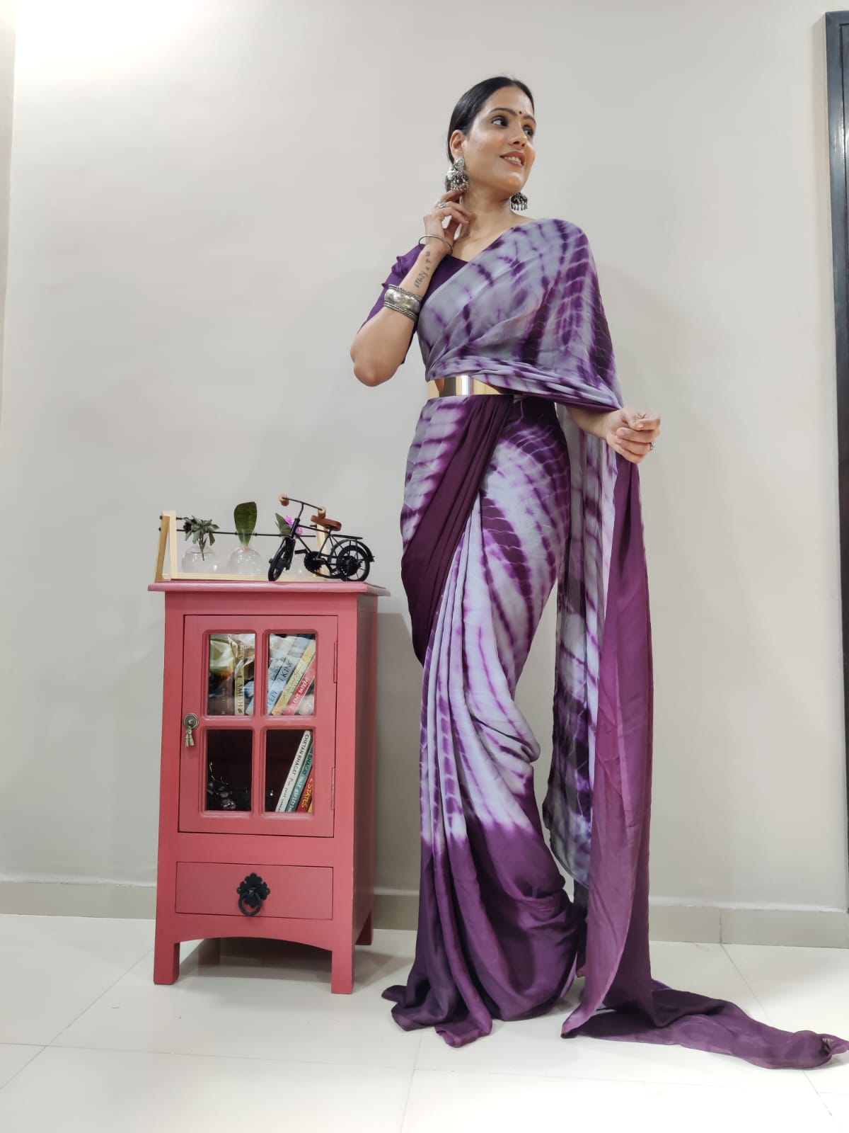 Trendy Purple Color Ready To Wear Printed Saree