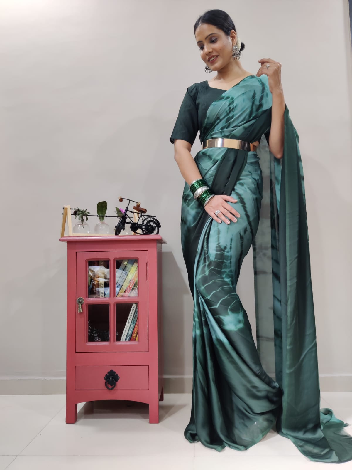 Trendy Green Color Ready To Wear Printed Saree