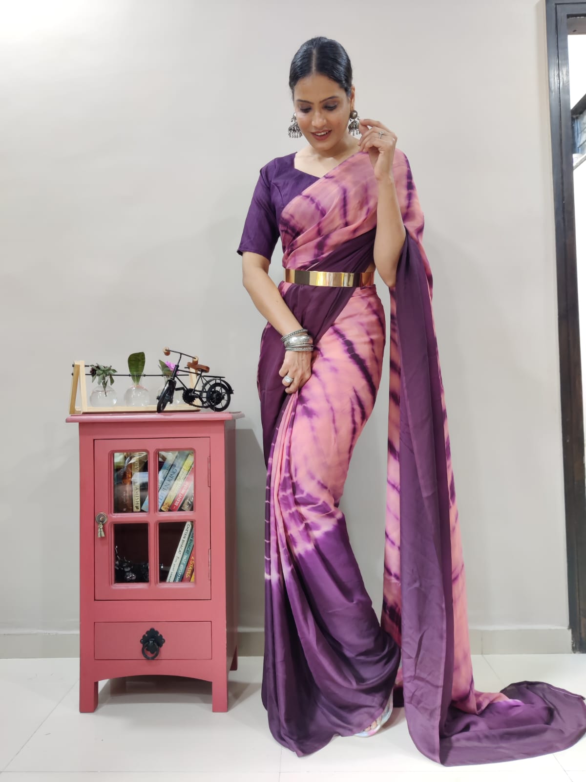 Trendy Wine Color Ready To Wear Printed Saree