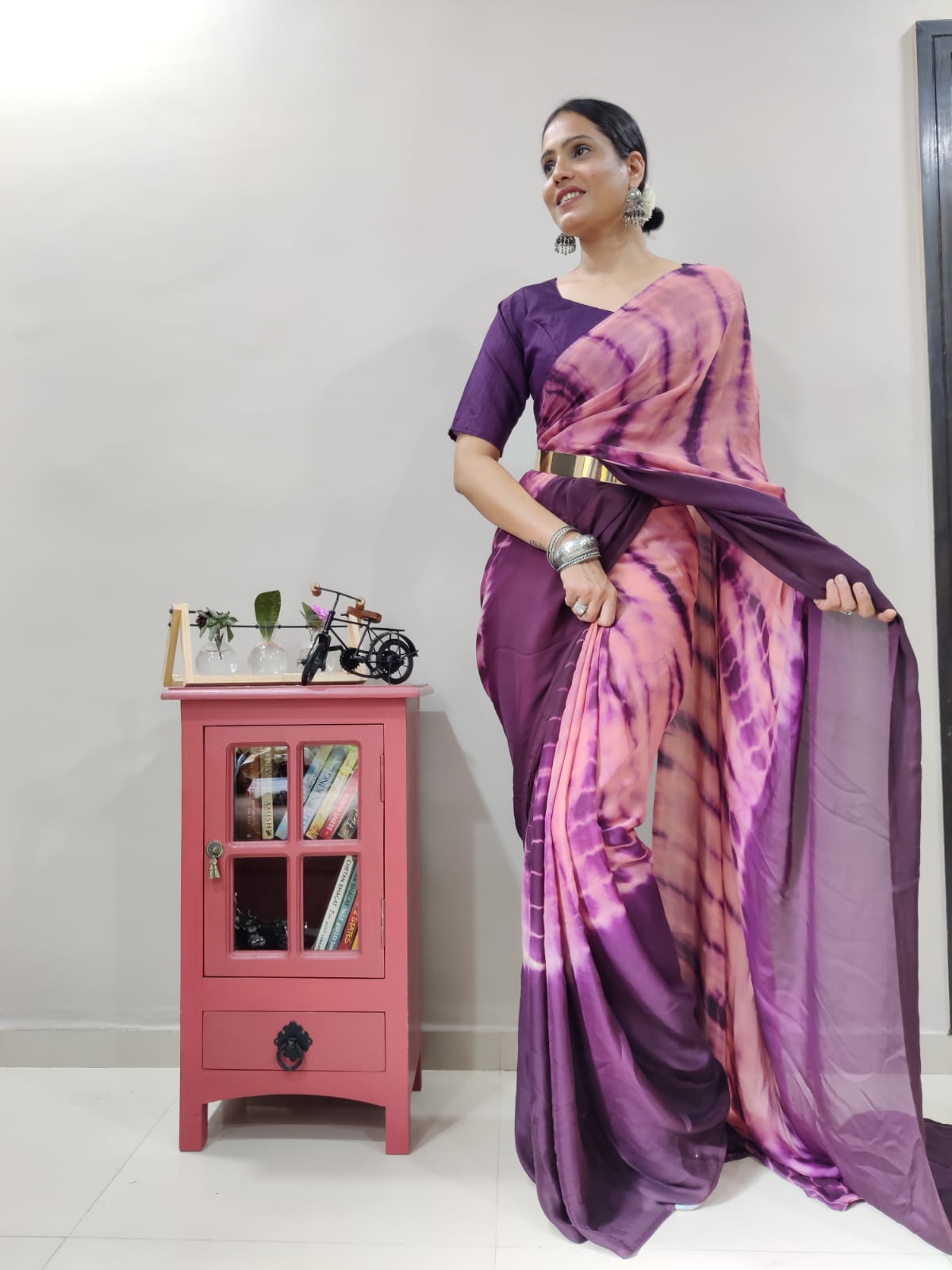 Trendy Wine Color Ready To Wear Printed Saree