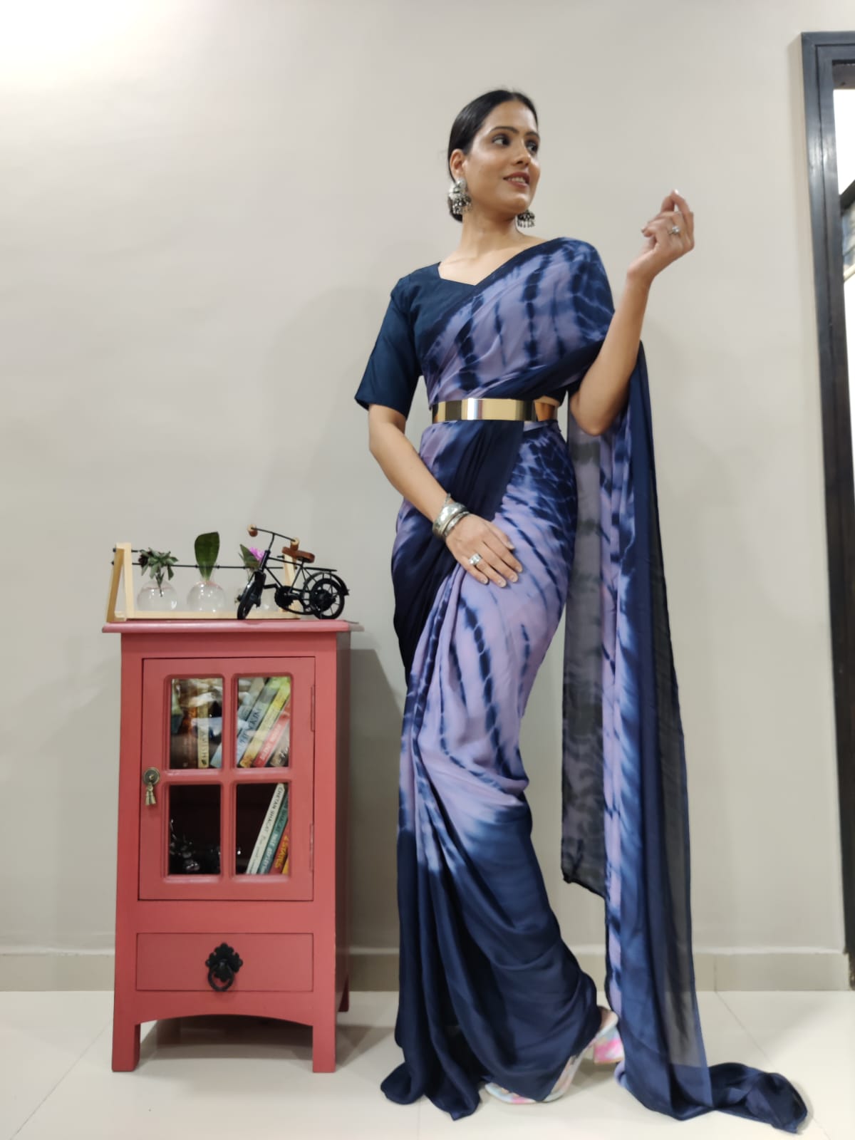 Trendy Navy Blue Color Ready To Wear Printed Saree