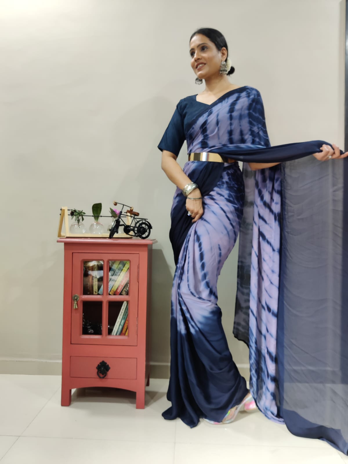 Trendy Navy Blue Color Ready To Wear Printed Saree