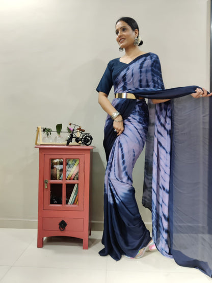 Trendy Navy Blue Color Ready To Wear Printed Saree