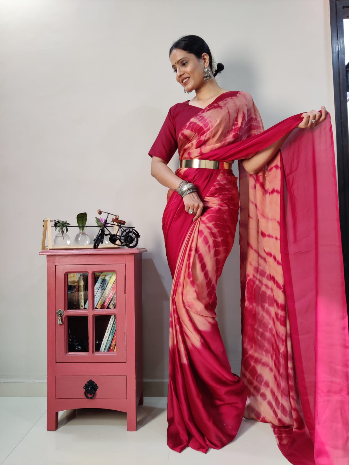 Trendy Red Color Ready To Wear Printed Saree