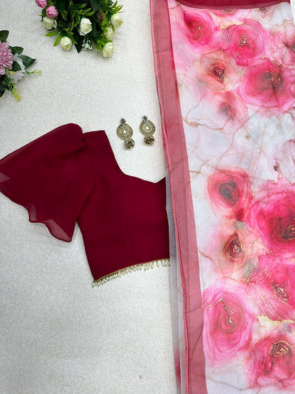 Lovely Maroon And White Floral Printed Organza Saree