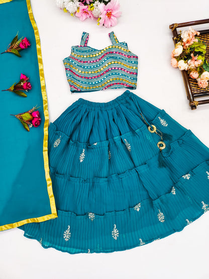 Lovely Kids Teal Blue Color Plated Lehenga Choli