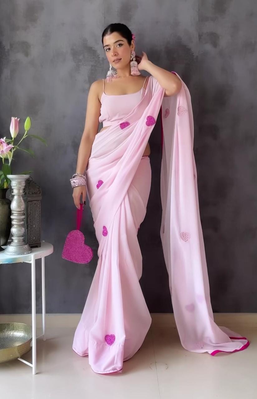 Beautiful Heart Shape Khatli Work Baby Pink Saree