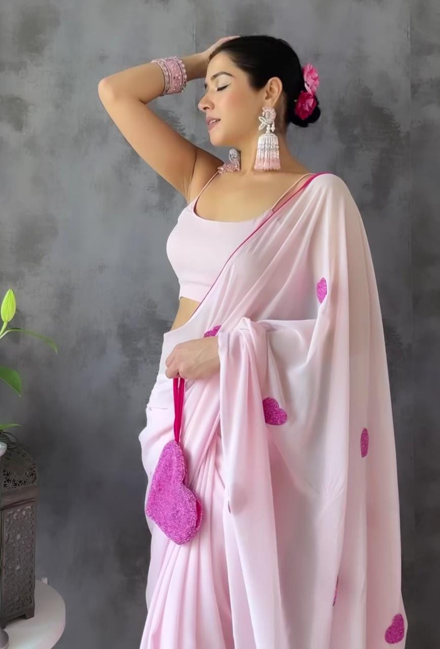 Beautiful Heart Shape Khatli Work Baby Pink Saree