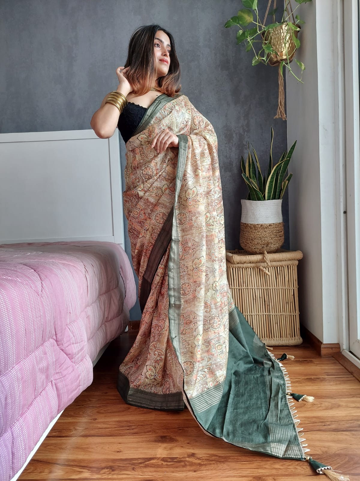 Designer Kotha Silk Beige Color Digital Printed Saree