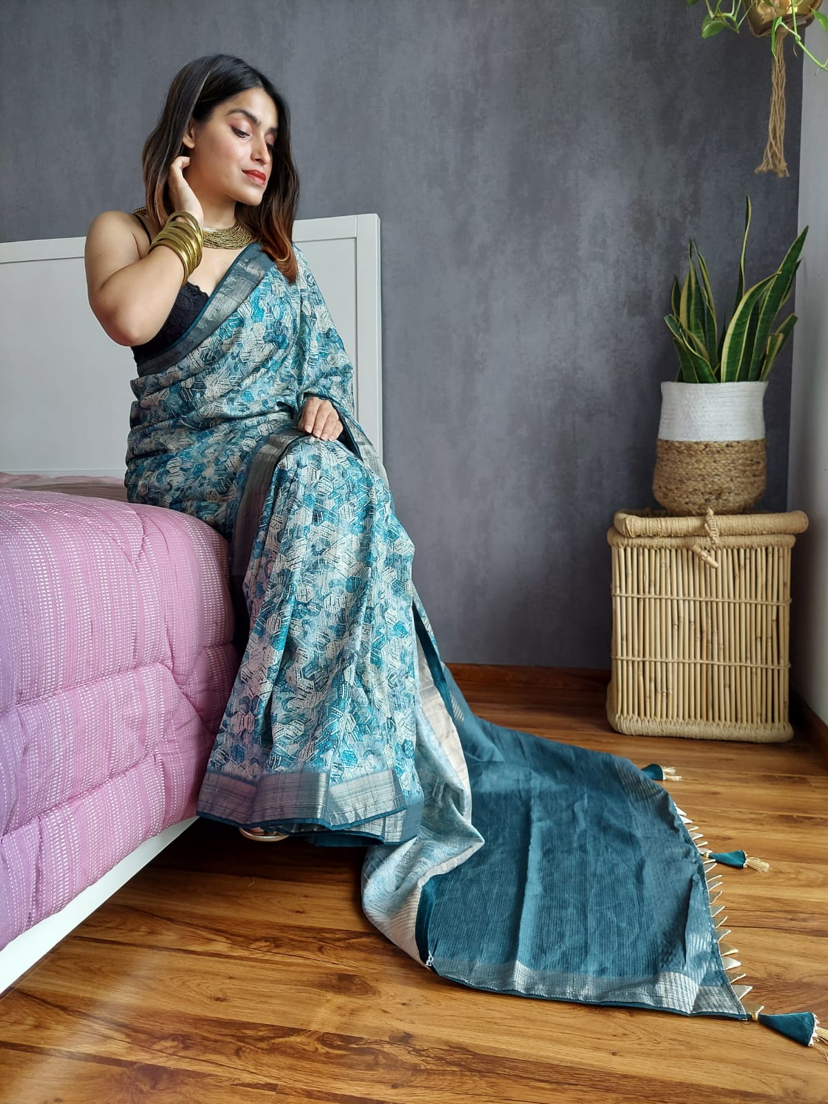 Designer Kotha Silk Sky Blue Color Digital Printed Saree