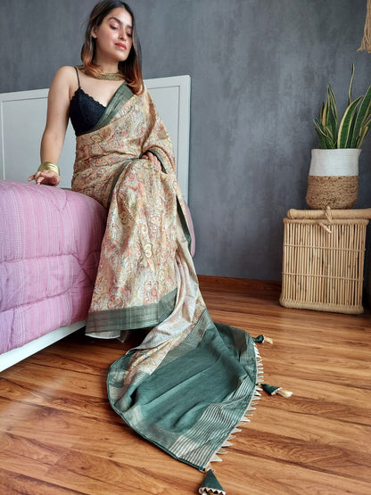 Designer Kotha Silk Beige Color Digital Printed Saree