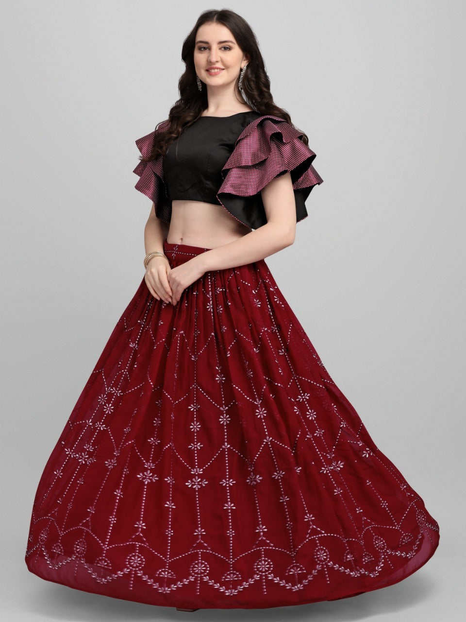 Party Wear Designer Marron Color Lehenga Choli With Fancy Blouse