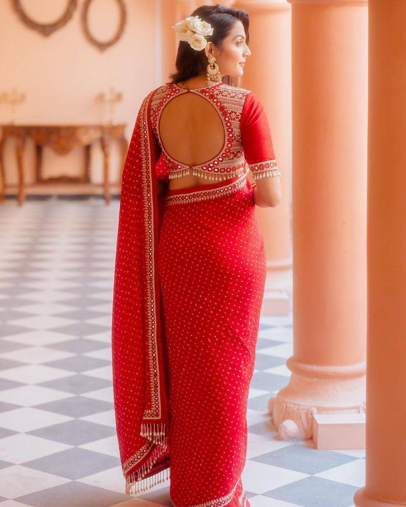 Designer Red Color Embroidery And Sequence Work Saree