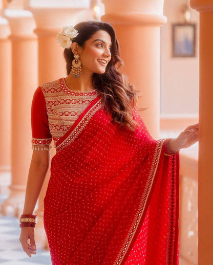 Designer Red Color Embroidery And Sequence Work Saree