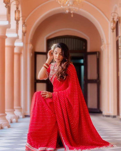 Designer Red Color Embroidery And Sequence Work Saree