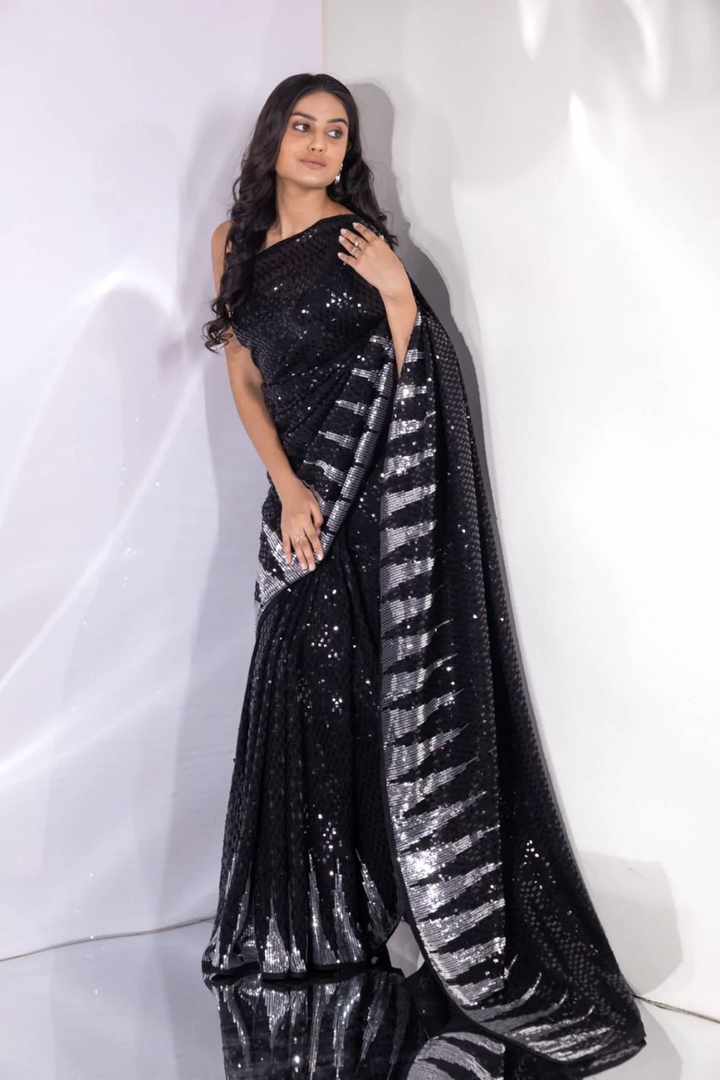 Wedding Wear Black Color Sequence Work Saree