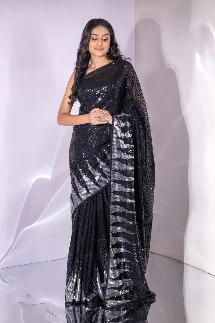 Wedding Wear Black Color Sequence Work Saree