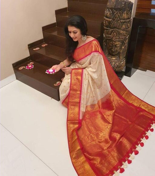 Traditional Look White With Red Color Saree