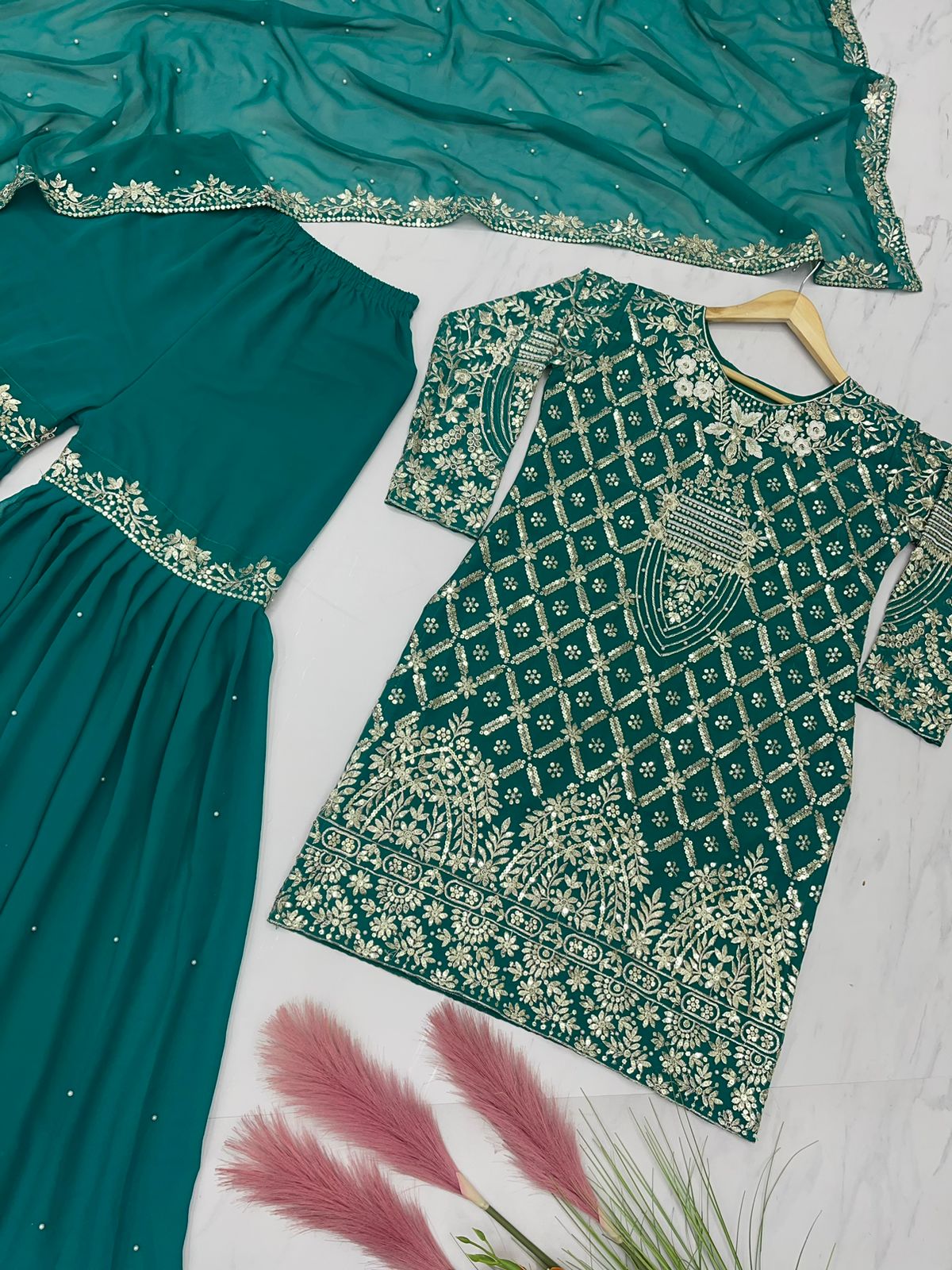 Outstanding Embroidery And Sequence Work Sharara Suit