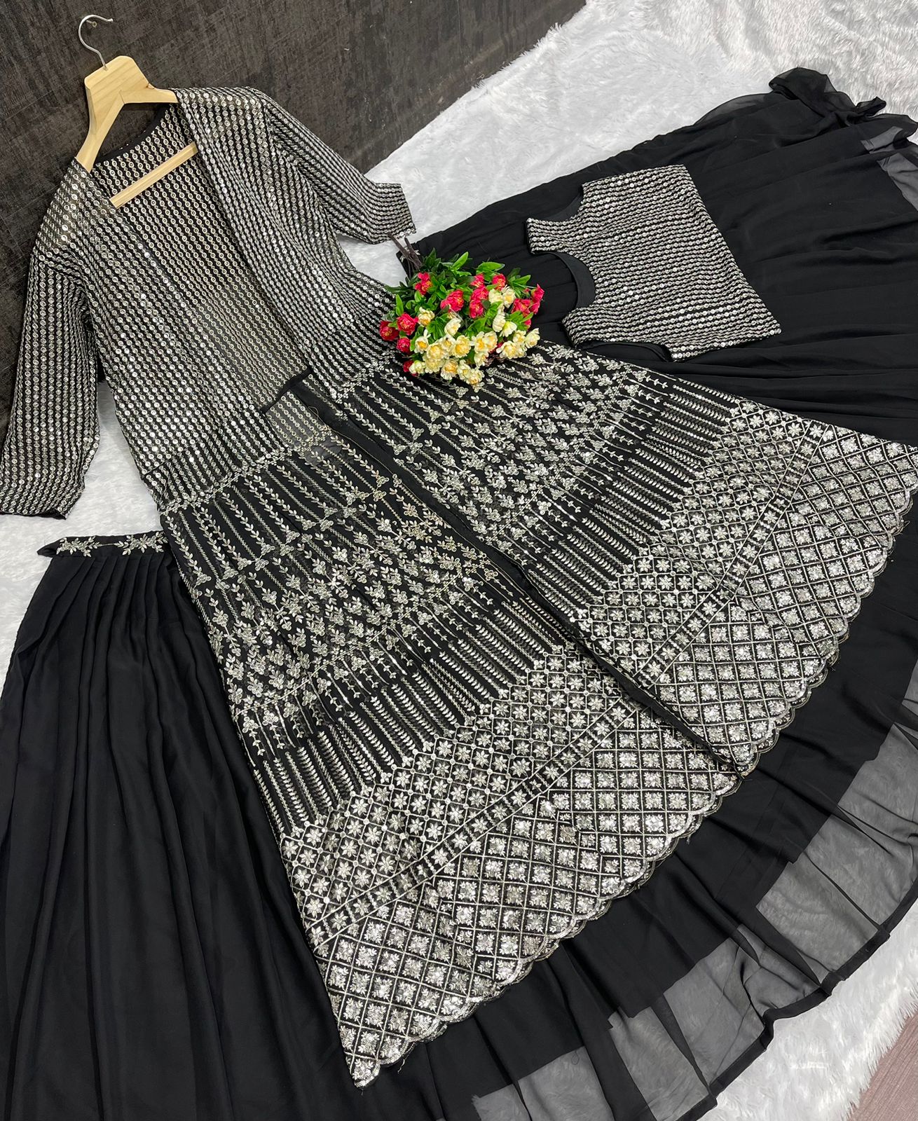 Beautiful  Black Color Sequence Work Lehenga Choli With Koti