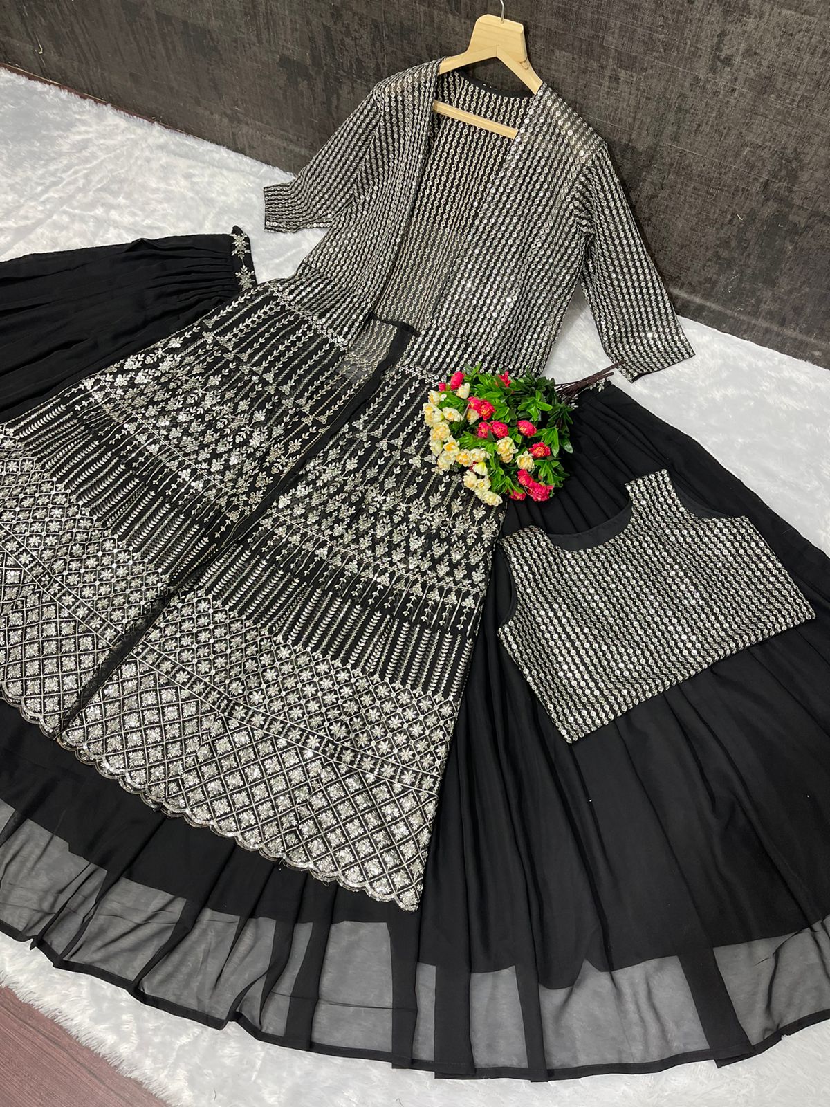 Beautiful  Black Color Sequence Work Lehenga Choli With Koti