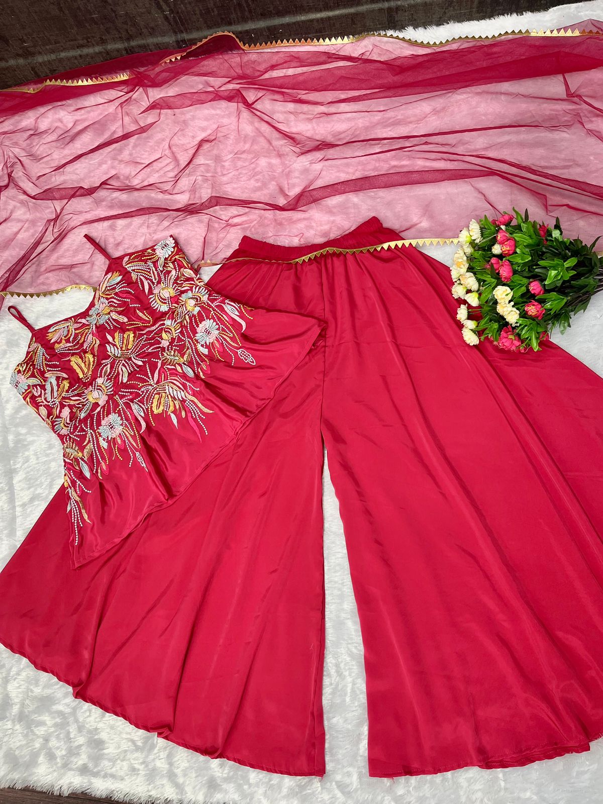 Outstanding Pink Color Embroidery Work Crop Top With Sharara