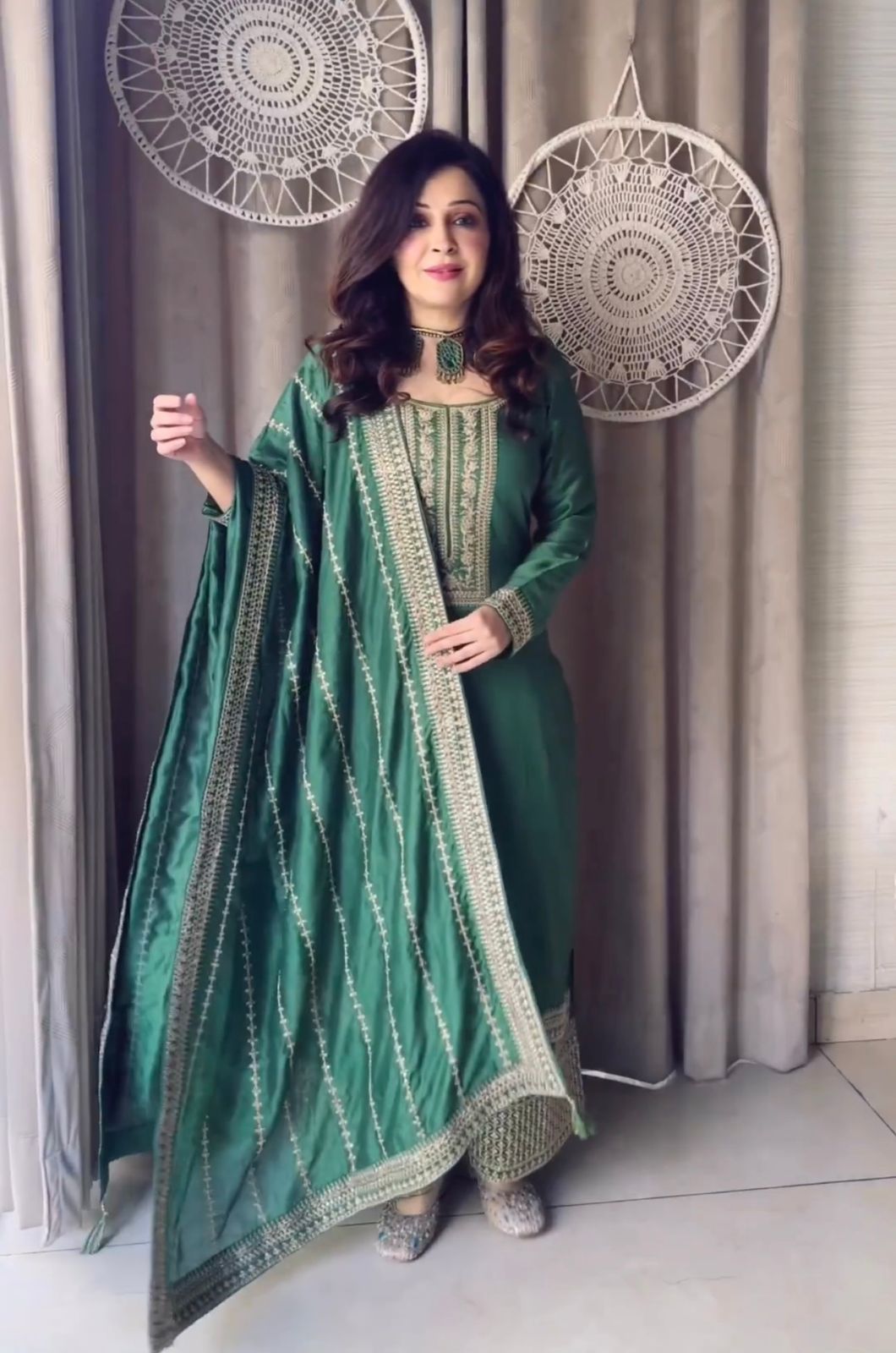 Wonderful Dusty Green Color Embroidery And Sequence Work sharer Suit