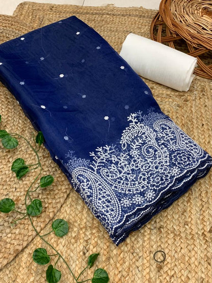 Elegant  Embroidery Cut Work Blue Color Organza Saree