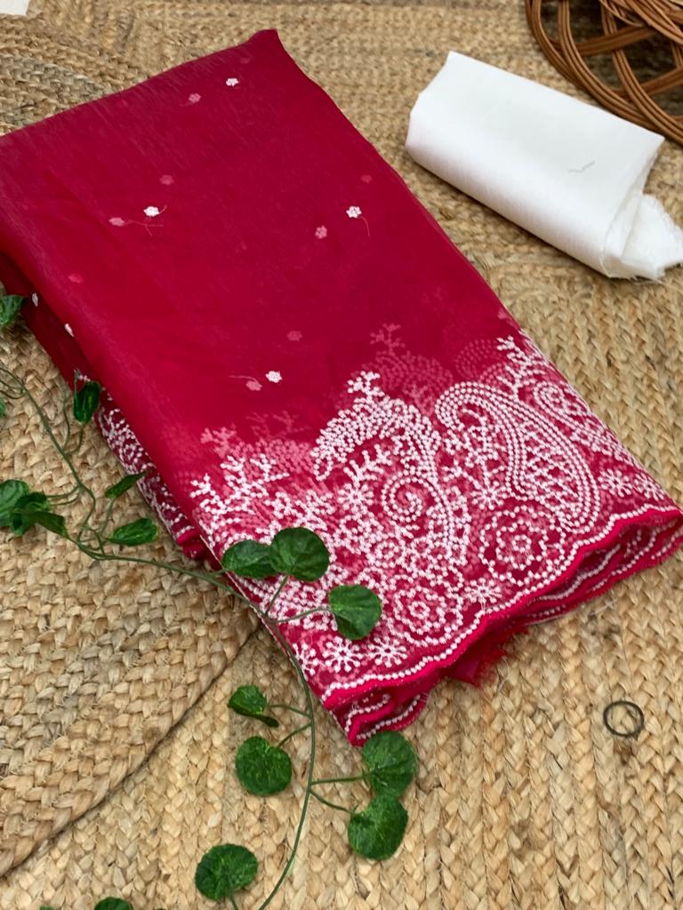 Attractive Embroidery Cut Work Red Color Organza Saree