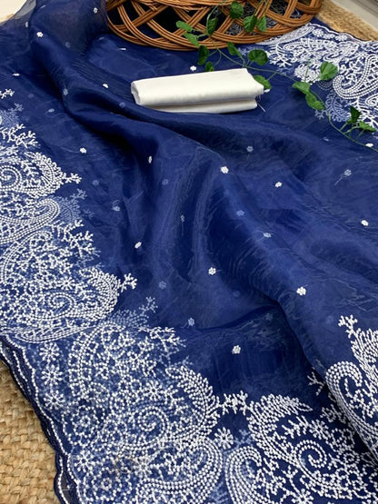 Elegant  Embroidery Cut Work Blue Color Organza Saree