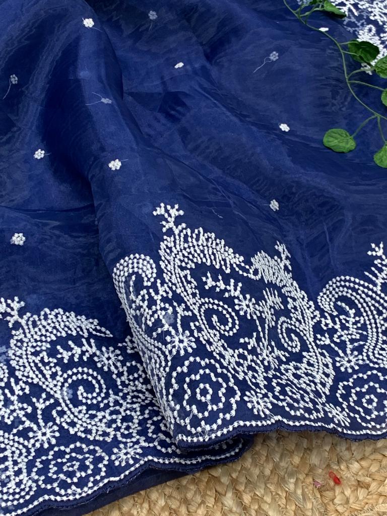 Elegant  Embroidery Cut Work Blue Color Organza Saree