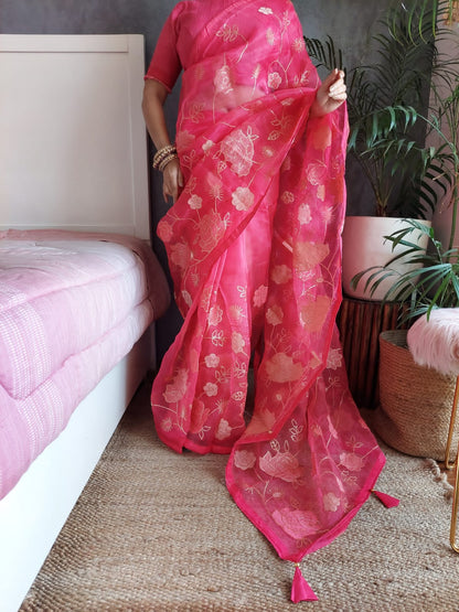 Glimmering  Pink Color All Over Work Organza Silk Saree