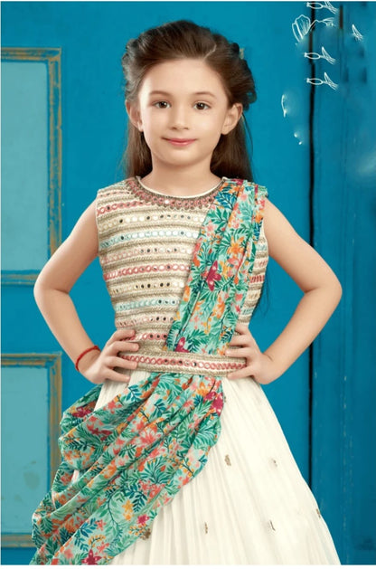 Stylish Kids Teal Blue Color Plated Lehenga Choli