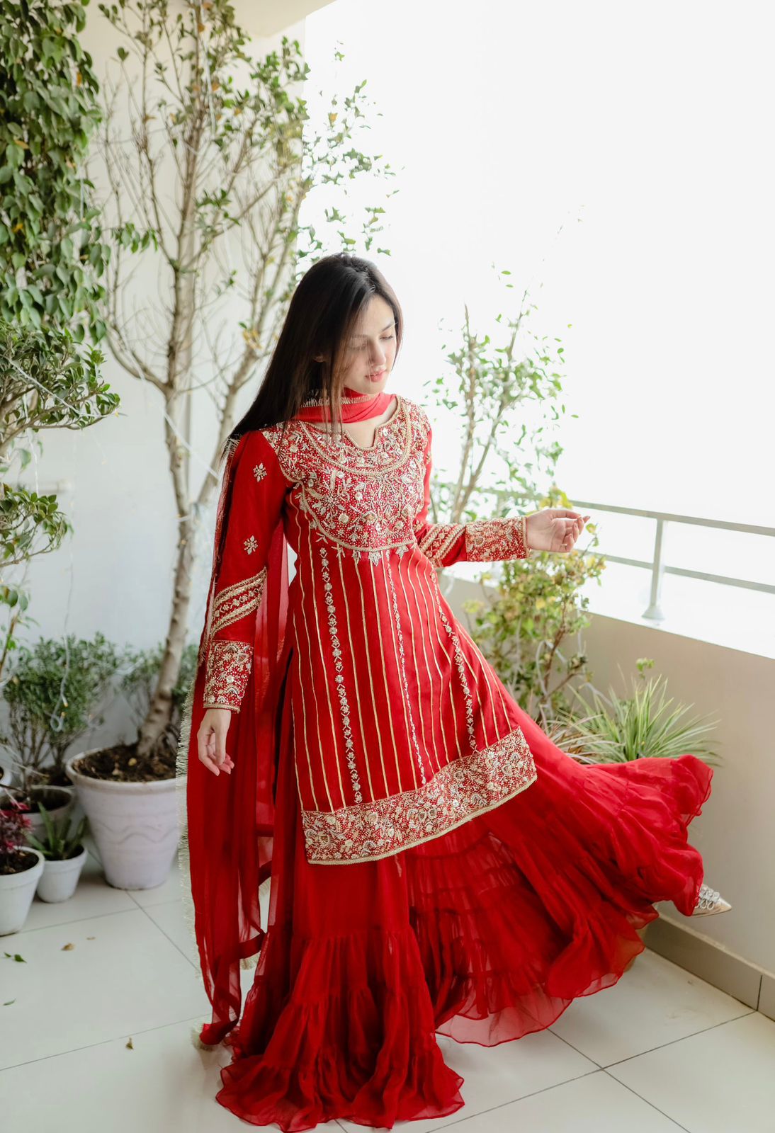 Admiring Red Color Sequence Work Sharara Suit