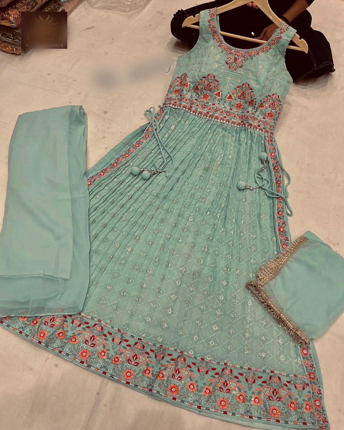 Adorable Pista Green Sequence Work Gown