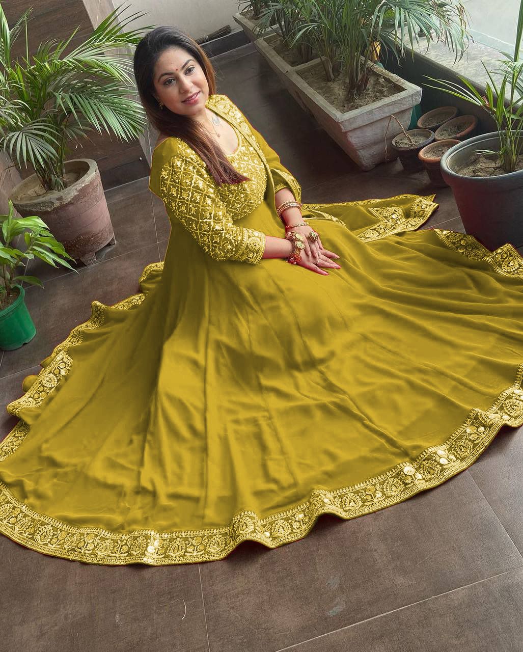 Elegant  Yellow Color Embroidery Sequence Work Gown