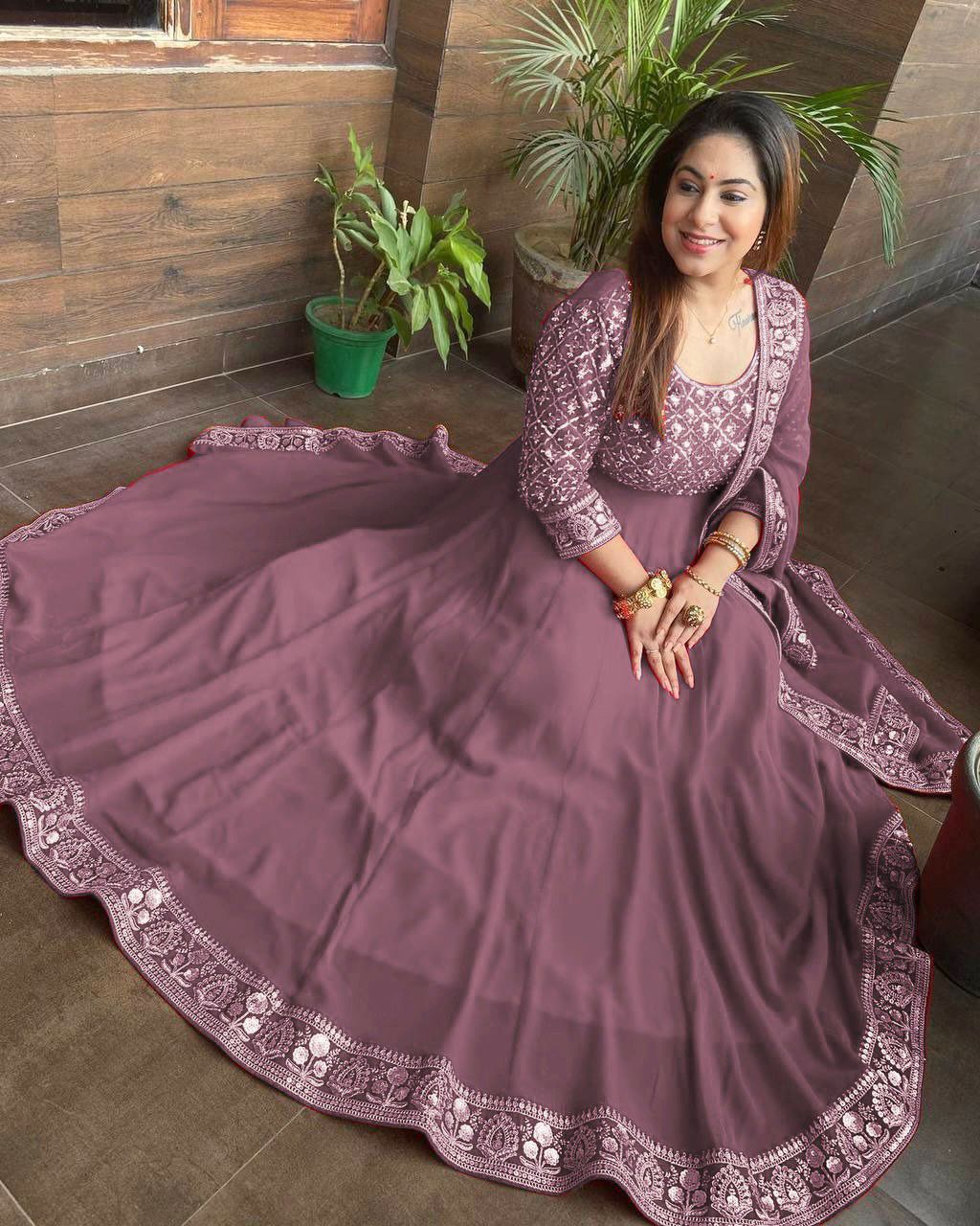 Attractive Dusty Pink Color Embroidery Sequence Work Gown