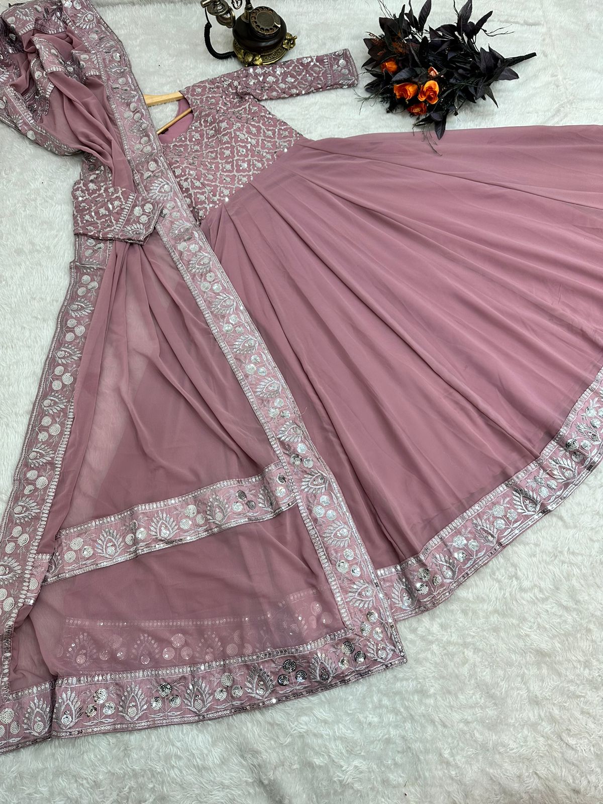 Attractive Dusty Pink Color Embroidery Sequence Work Gown