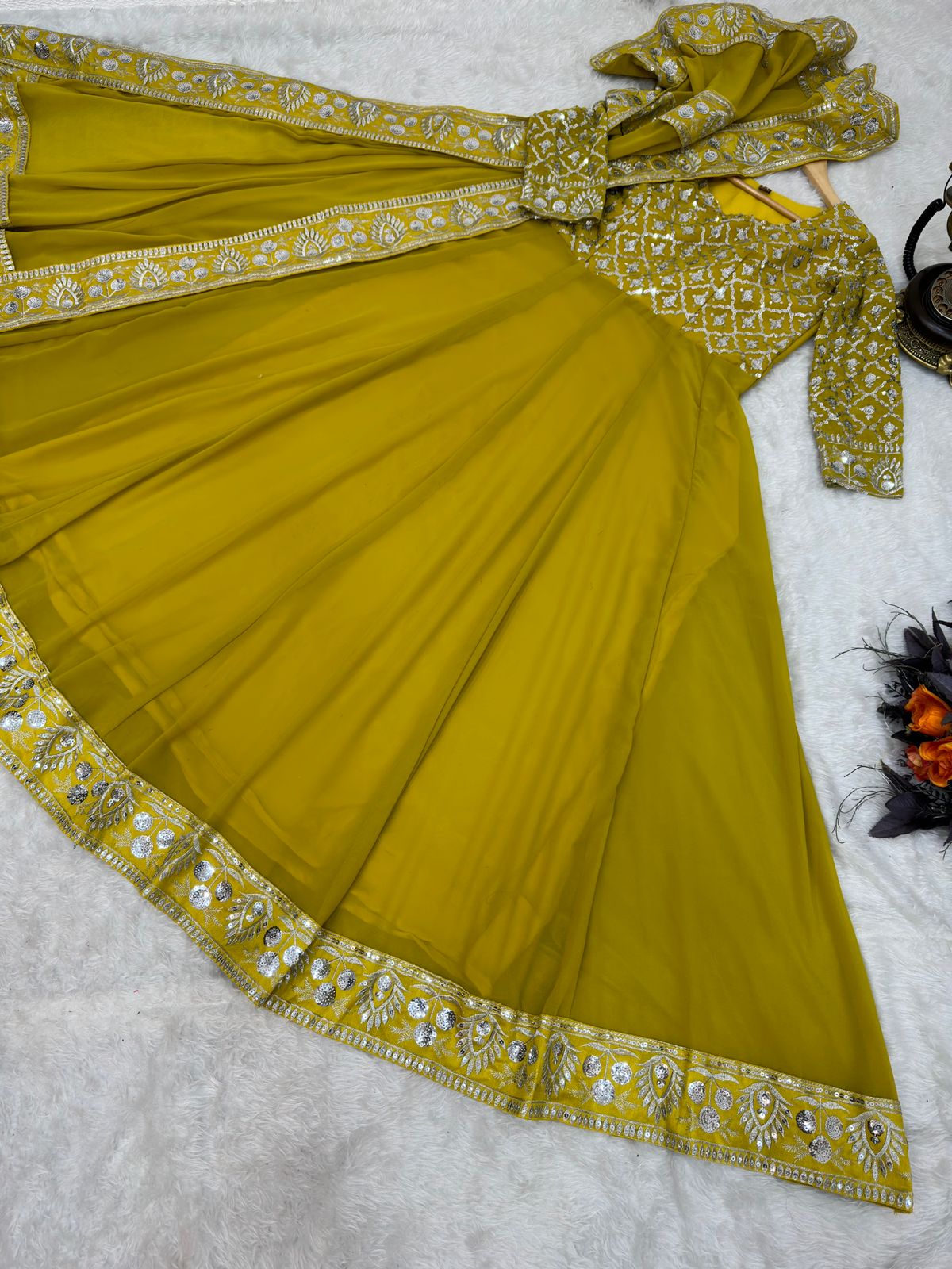 Elegant  Yellow Color Embroidery Sequence Work Gown