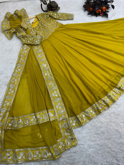 Elegant  Yellow Color Embroidery Sequence Work Gown