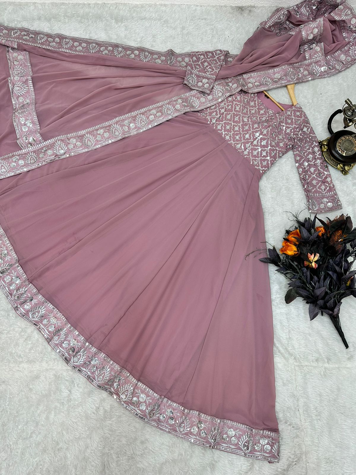 Attractive Dusty Pink Color Embroidery Sequence Work Gown