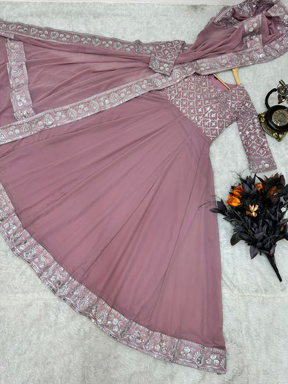 Attractive Dusty Pink Color Embroidery Sequence Work Gown