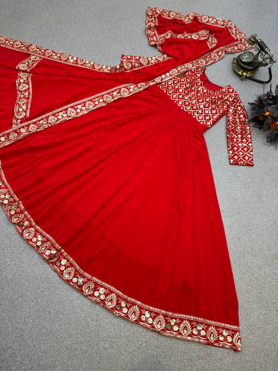 Outstanding Red Color Embroidery Sequence Work Gown